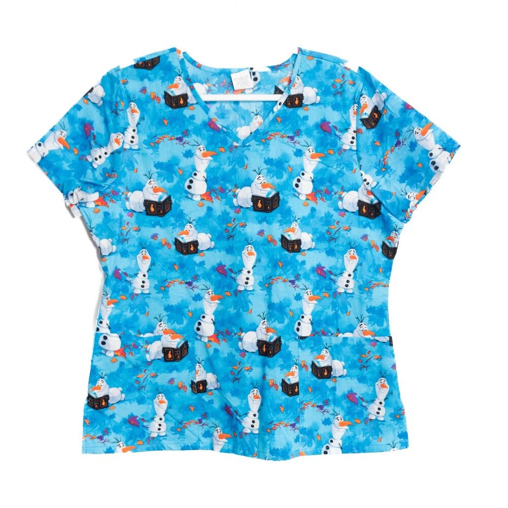 Disney Frozen Size L Olaf Snowman Blue Scrub Top Medical Nursing Uniform